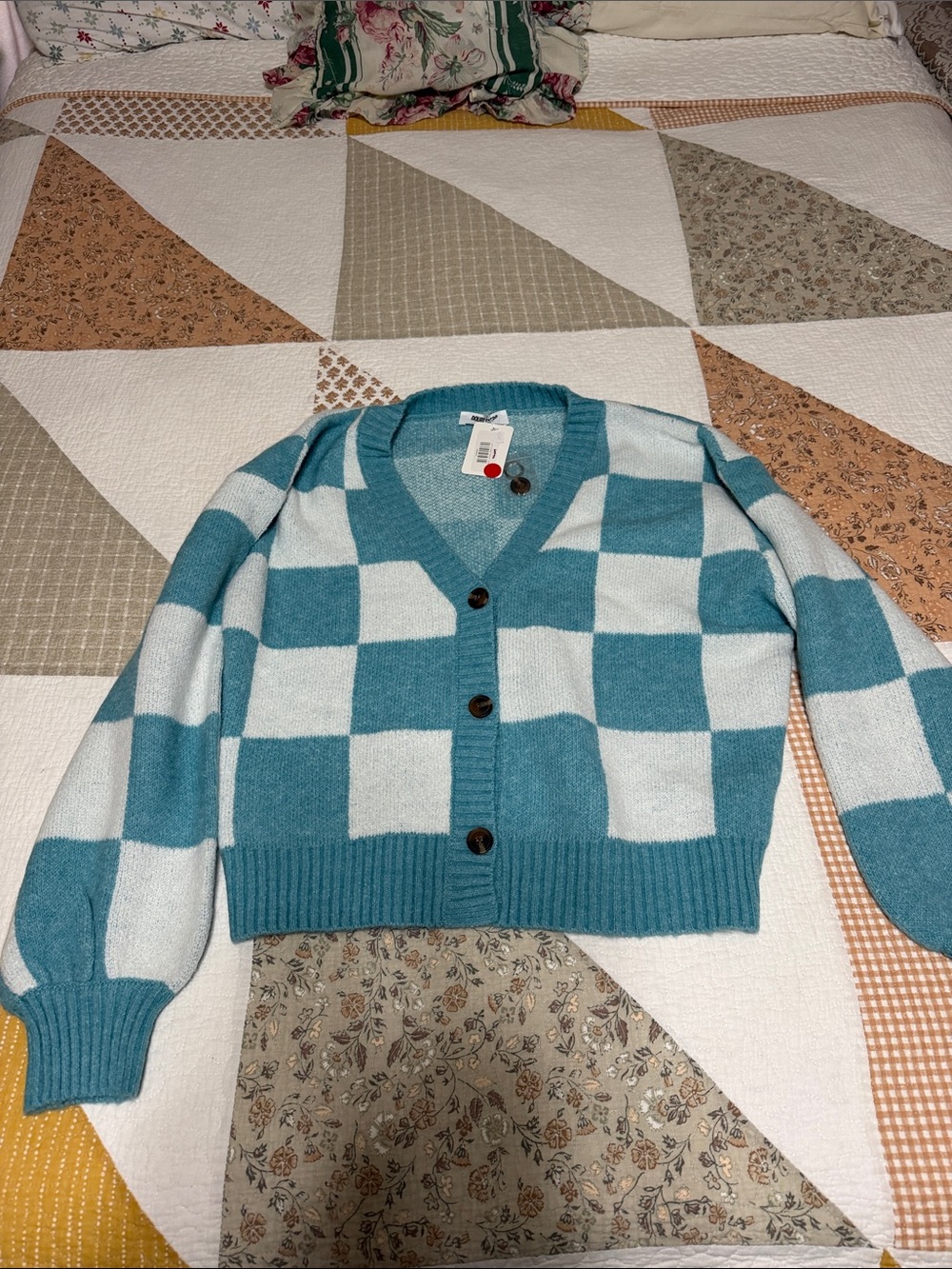 Double Zero Teal & White Checkerboard V-Neck Cardigan